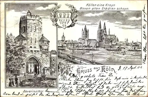 Litho Köln am Rhein, Rheinansicht, Dom, Severinstor