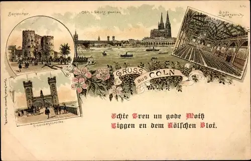 Litho Köln am Rhein, Hahnentor, Rheinansicht, Eisenbahnbrücke, Saal im Gürzenich