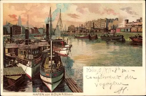 Litho Köln am Rhein, Hafen, Boote