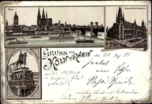Litho Köln am Rhein, Rheinansicht, Neues Postgebäude, Friedrich Wilhelm III Denkmal