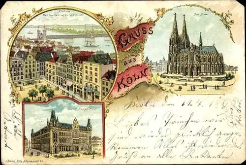 Litho Köln am Rhein, Rheinansicht, Hauptpost, Dom