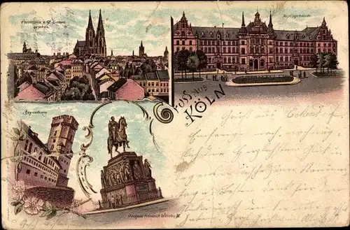 Litho Köln am Rhein, Panorama, Justizgebäude, Denkmal Friedrich Wilhelm II