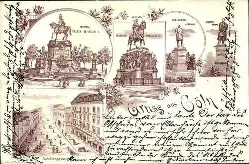 Litho Köln am Rhein, Schildergasse, Kaiser-Wilhelm-Denkmal, Bismarck-Denkmal