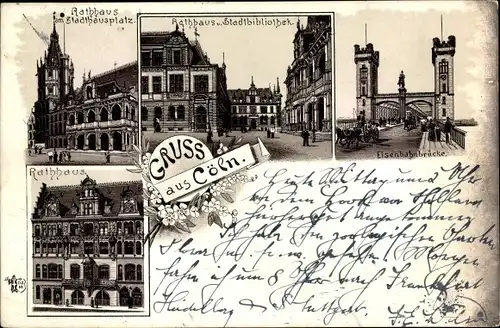 Litho Köln am Rhein, Rathaus, Stadthausplatz, Bibliothek, Eisenbahnbrücke