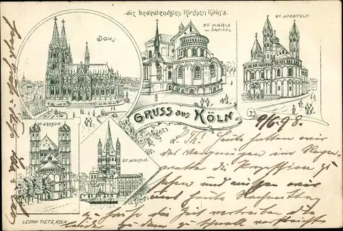 Litho Köln am Rhein, Dom, St. Maria im Capitol, St. Aposteln, St. Gereon, St. Martin