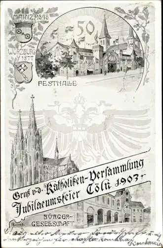 Litho Köln am Rhein, Katholiken-Versammlung 1903, Festhalle, Bürger-Gesellschaft, Wappen