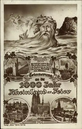 Ak 1000-Jahrfeier Rheinland, Vater Rhein, Kölner Dom, Binger Mäuseturm, Schloss Rheinstein