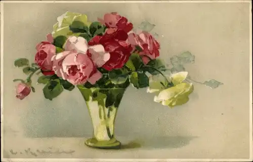 Künstler Ak Klein, Catharina, rosa Rosen in Vase, Meissner & Buch 2279
