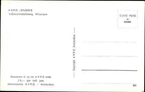 Ak Hilversum Nordholland Niederlande, A.V:R.O.-Studios, 's-Gravelandscheweg, Fahrzeuge