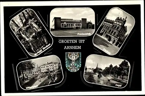 Ak Arnhem Gelderland Niederlande, Provinciehals, Stadhuis, Singel, Willemsplein, Waterval Sonsbeek