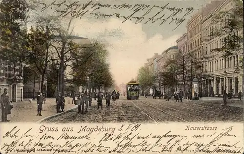 Ak Magdeburg an der Elbe, Kaiserstraße, Straßenbahn, Litfaßsäule