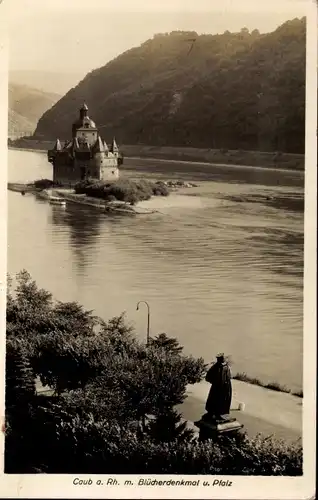 Ak Caub Kaub am Rhein, Pfalz, Pfalzgrafenstein, Blücherdenkmal