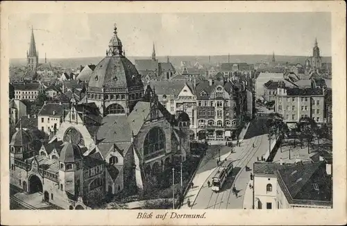 Ak Dortmund im Ruhrgebiet, Teilansicht, Synagoge, Straßenbahn