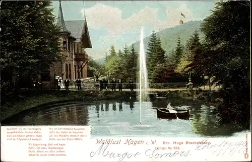 Ak Hagen in Westfalen, Waldlust, Bes. Hugo Brackelsberg, Parkpartie mit Teich