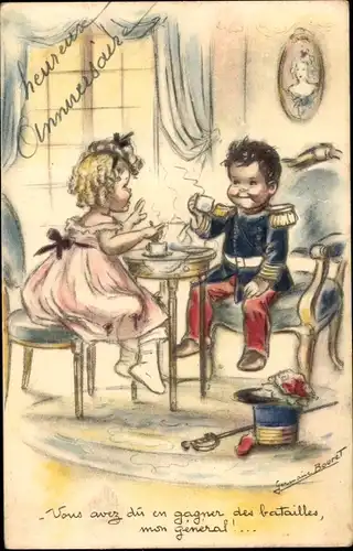 Künstler Ak Bouret, Germaine, Kinder trinken Tee, Junge in Uniform