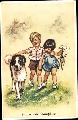 Künstler Ak Bouret, Germaine, Promenade champetre, Kinder, Bernhardiner