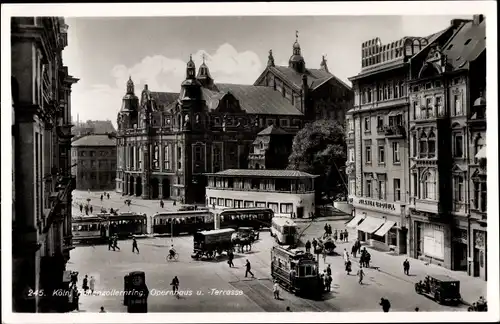 Ak Köln am Rhein, Hohenzollernring, Opernhaus und Terrasse, Straßenbahn Linie 16, Bus, Stadtuhr