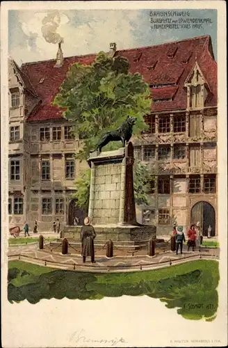 Künstler Litho Schmidt, E., Braunschweig, Burgplatz, Löwendenkmal, Huneborstel'sches Haus