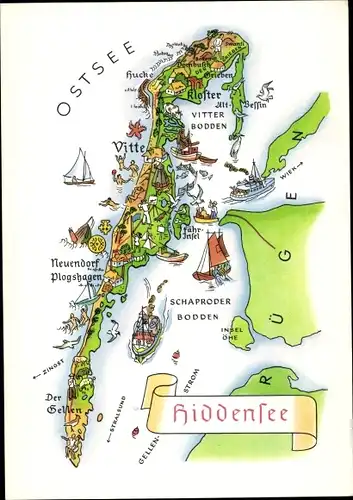 Landkarten Ak Insel Hiddensee Ostsee, Vitte, Neuendorf, Plogshagen, Neuendorf, Bodden, Kloster