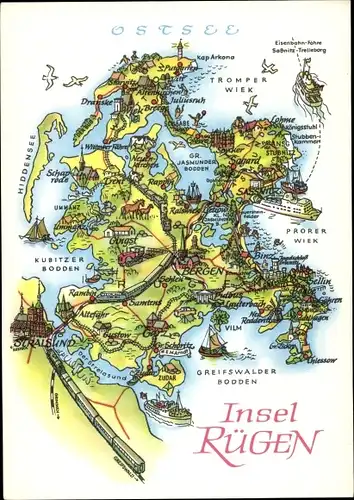 Landkarten Ak Insel Rügen in der Ostsee, Stralsund, Bergen, Lohme, Tropmer Wiek, Ummanz