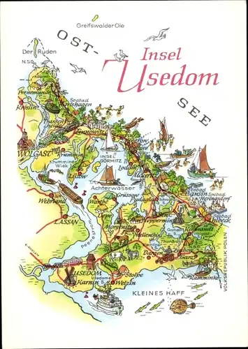 Landkarten Ak Insel Usedom, Greifswalder Oie, Kleines Haff, Achterwasser, Insel Görmitz