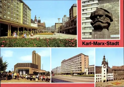 Ak Karl Marx Stadt Chemnitz in Sachsen, Rosenhof, Karl-Marx-Monument, Stadthalle, Rathaus