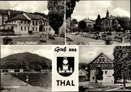 Ak Bad Thal Ruhla Thüringen, Wappen, Hotel Thalfried, Parkanlagen, Schwimmbad Badegäste, Rathaus,