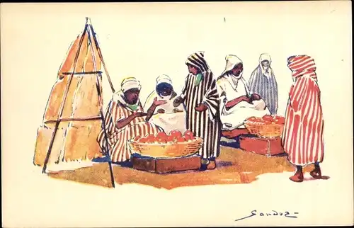 Künstler Ak Sandoz, Afrikaner, Marktplatz, Händler, Araber, Auto Circuits Nord Africains, CGT