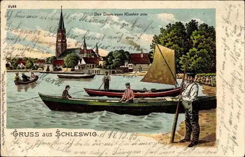 Litho Schleswig an der Schlei, Der Dom vom Kloster aus gesehen, Boote, Kirche