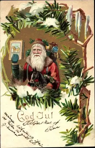 Ak Frohe Weihnachten, God Jul, Weihnachtsmann mit Geschenken, Buch, Schaukelpferd
