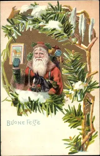 Ak Frohe Weihnachten, Buone Feste, Weihnachtsmann mit Geschenken, Buch, Schaukelpferd