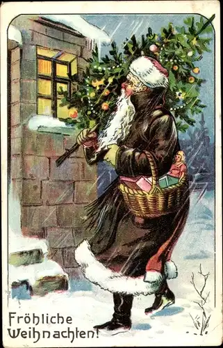 Präge Ak Frohe Weihnachten, Weihnachtsmann mit Tannenbaum, Puppe
