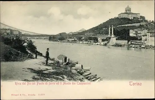 Ak Torino Turin Piemonte, Riva del Po col Ponte di ferro ed il Monte dei Cappuccini
