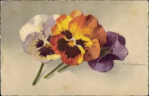 Künstler Ak Klein, Catharina, Stiefmütterchen, Blumen, Blüten, orange, lila, Meissner & Buch 2672