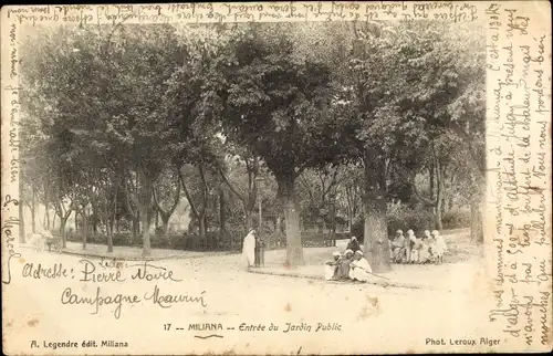 Ak Miliana Algerien, Entree du Jardin Public