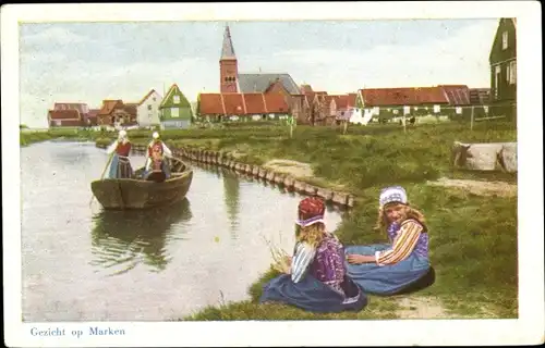 Ak Marken Nordholland Niederlande, Mädchen in Tracht, Kanalpartie, Kirche