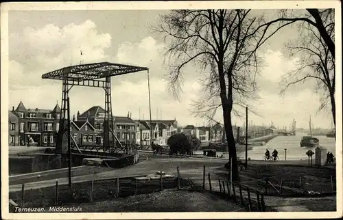 Ak Terneuzen Zeeland Niederlande, Middensluis, Fluss, Schiffe, Brücke
