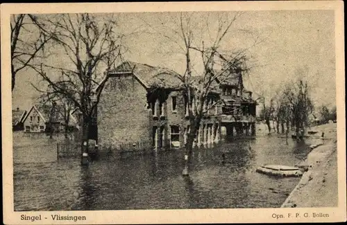 Ak Vlissingen Zeeland Niederlande, Singel, Überflutung, Gebäude im Wasser, Deich