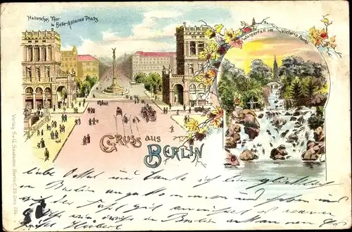 Litho Berlin Mitte, Hallesches Tor und Belle Alliance Platz, Wasserfall im Victoria Park
