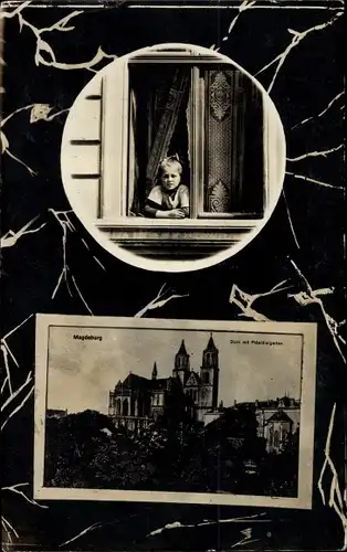 Fotomontage Ak Magdeburg an der Elbe, Dom, Kind am Fenster