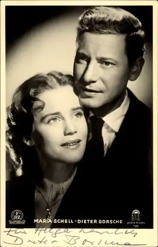 Ak Schauspieler Dieter Borsche und Maria Schell, Portrait, Autogramm, FBZ Verlag