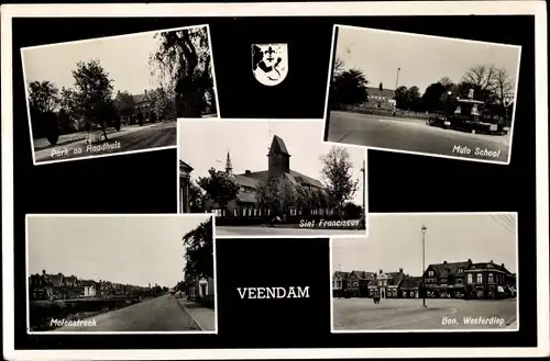 Ak Veendam Groningen Niederlande, Park en Radhuis, Mulo School, Molenstreek, Ben, Westerdiep
