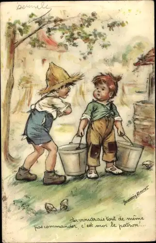 Künstler Ak Bouret, Germaine, Junge mit Wassereimern am Brunnen