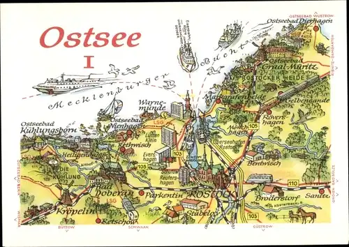 Landkarten Ak Ostseebad Warnemünde Rostock, Graal-Müritz, Kühlungsborn, Dierhagen, Bad Doberan