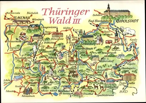 Landkarten Ak Thüringer Wald III, Ilmenau, Rudolstadt, Oberweißbach, Probstzella, Saalfeld