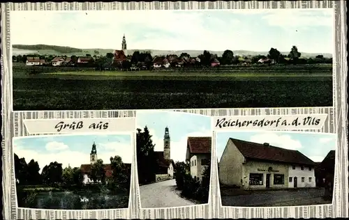 Ak Reichersdorf Irschenberg Oberbayern, Panorama, Kirche, Gewässer, W. Obermaier Bäckerei