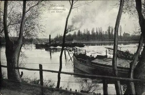 Ak Mannheim in Baden, Abendstimmung am Rhein, Schiffe