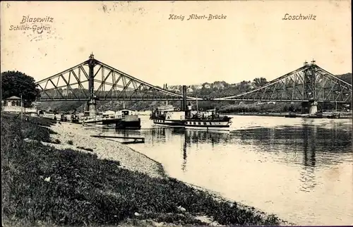 Ak Dresden Blasewitz, Schiller Garten, Dampfer, König-Albert Brücke