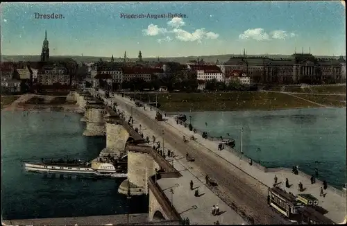 Ak Dresden, Friedrich-August-Brücke, Straßenbahn, Schiff Bastei