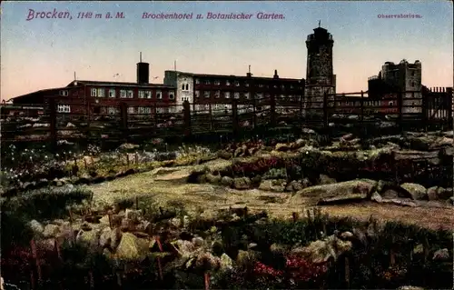 Ak Brocken Nationalpark Harz, Brockenhotel und Botanischer Garten, Observatorium